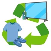 Illustration of a green recycling symbol surrounding items including a television, a smartphone, a blue T-shirt, and a pair of blue sneakers, representing recycling of electronics and clothing.