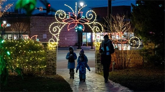 Adams Park with Christmas Lights and People Walking