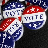 Pins with  the word "Vote" 