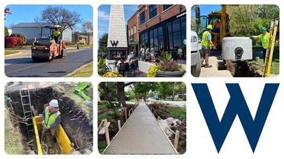 Photo collage showing City of Wheaton public works and community scenes. Images include a road roller paving a residential street, people sitting outside near storefronts, construction workers installing a concrete utility structure, a worker in a trench repairing underground infrastructure, a newly poured sidewalk under construction, and the City of Wheaton, Illinois seal.