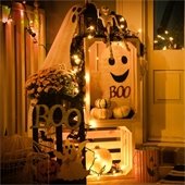 Halloween decorated front door.